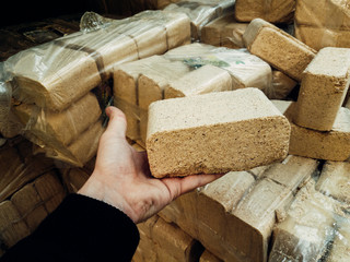 Alternative fuel, eco fuel, bio fuel. Wood sawdust briquettes for stoves. Lean-burn with good heat output. Briquettes from sawdust on a green background.