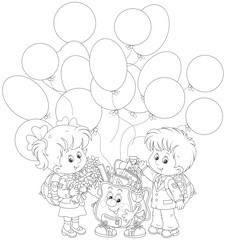 Welcome back to school. Smiling schoolchildren and a funny Schoolbag with balloons waving their hands in welcoming, black and white vector illustration in a cartoon style for a coloring book
