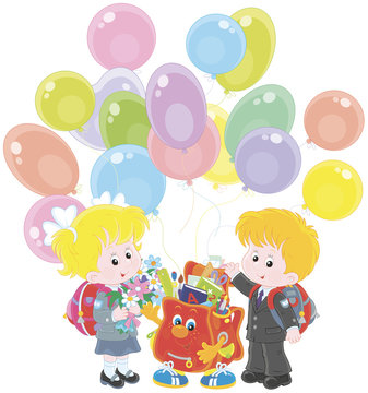 Welcome back to school. Smiling schoolchildren and a funny Schoolbag with colorful balloons waving their hands in welcoming, vector illustration in a cartoon style