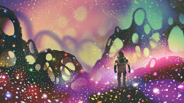 astronaut walking on the ground with glowing particles in alien planet, digital art style, illustration painting