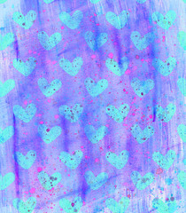 Purple background with blue hearts and watercolor spots