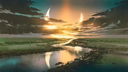Poster prachtig landschap van waterweg in kleurrijke rustieke plek tegen zwarte wolken en wassende maan aan de hemel, digitale kunststijl, illustratie, schilderkunst © grandfailure