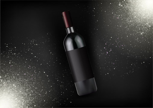 Vector realistic red wine bottle ,alcohol product.Glass bottle in photorealistic style.Isolated object,black fashion background with sparkles.
