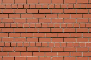 Front full-size view of a flat brick wall. Bricks are of light brown / dark orange color. Bricks protrude slightly.