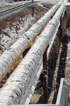 Temporary heating pipe, heating of houses and apartments in winter, Russia.