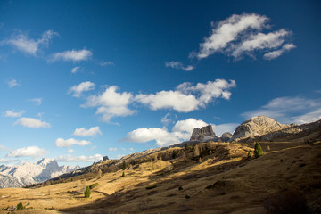 Dolomites Mountains, Passo Valparola, Italy - panoramic view in autumn morning colors