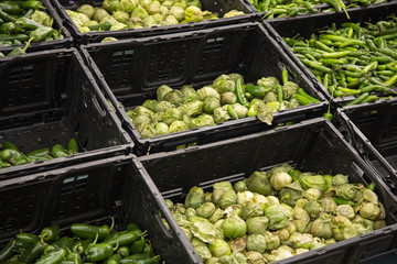 Isolated view of black plastic produce bins with tomatillos and green chili peppers