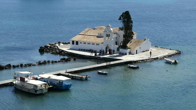 Beautiful Kanoni hill area in Corfu island with Vlacherna Monastery and Pontikonissi island.