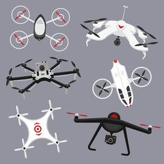 Set of modern air drones and remote control. Science and Modern technologies. Vector illustration. Radio robot or airplane with a camera in the air. Innovative systems and developments.