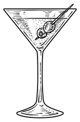 Cocktail illustration, drawing, engraving, ink, line art, vector