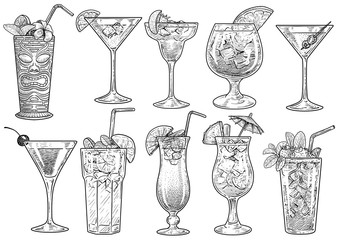 Cocktail illustration, drawing, engraving, ink, line art, vector - 200298375