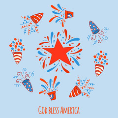 Happy independence day card United States of America, 4 th of July. Greeting Card with Font. Happy fourth of July card. Hand drawn decoration. Doodle style vector illustration.