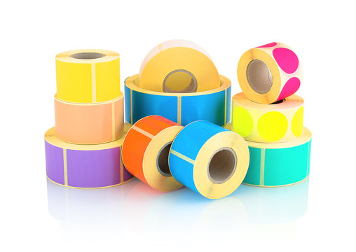 Colored label rolls isolated on white background with shadow reflection. Color reels of labels for printers. Labels for direct thermal or thermal transfer printing. Square and circle labels background
