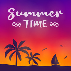 Summer paradise with palm trees - colourful banner with typography. Vector.