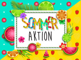 Naklejka premium Sommeraktion. Summer design vector banner with fruits background and exotic palm leaves, hibiscus flowers.