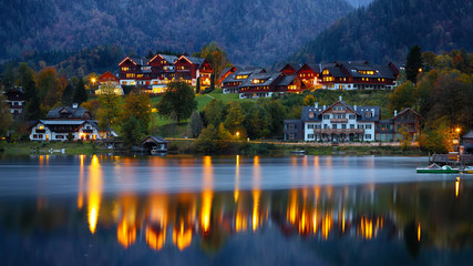 Grundlsee lake in Alps mountains. Night scene