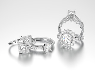3D illustration four different white gold or silver decorative diamond rings