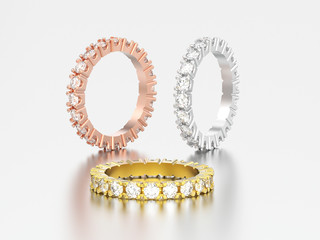 3D illustration isolated three different gold eternity band diamond rings