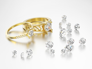 3D illustration two different gold decorative diamond rings and group of diamonds © 3djewelry