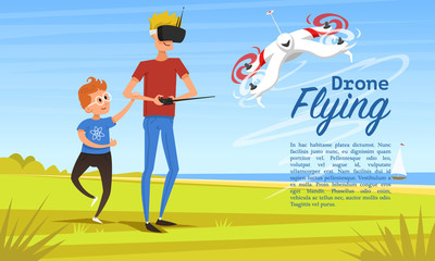 Remote control background. Modern drone concept for website, card and poster. Man teaches child to play outdoors in park. Radio robot, Video Technology. Piloting multicopter. Unmanned aerial vehicle.