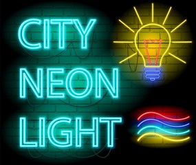 Fototapeta premium City neon light signboard. Neon bulb. Brickwall as background. Vector illustration with 4 colors Neon graphic style.