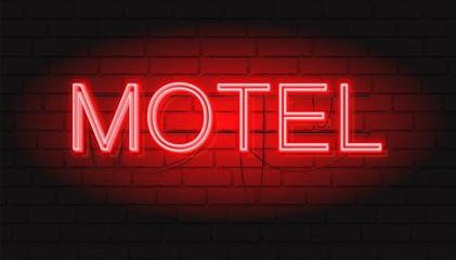 Neon red sign MOTEL. Vector illustration with Neon graphic style. Brickwall as background.