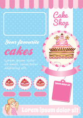 Cake and Dessert Shop Template, blue and pink vector background, cartoon illustrations