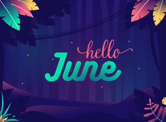 Hello june background. Summer night with crickets. Jungle with plants and stars