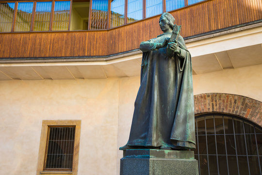 Statue in courtyard of Carolinum building of Charles University in Prague, Czech republic