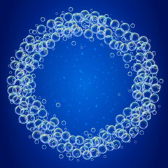 Shampoo foam round frame with realistic water bubbles on shiny blue background. Cleaning liquid soap foam for bath and shower. Shampoo rainbow bubbles. Swimming pool flyer and invite.