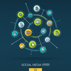Abstract Social Media background. Digital connect system with integrated circles, flat thin line icons, long shadows. Network interact interface concept. Market vector infographic illustration