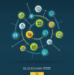 Abstract blockchain, crypto, fintech background. Digital connect system with integrated circles and flat icons. Network interact interface concept. Finance technology vector infographic illustration