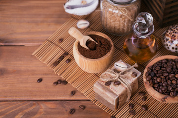 Fototapeta na wymiar Natural handmade soap, aromatic cosmetic oil, sea salt with coffee beans