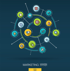 Abstract marketing and seo background. Digital connect system with integrated circles, flat icons. Network interact interface concept. Data optimization, sale analytics vector infographic illustration