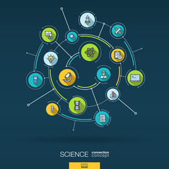 Abstract science technology background. Digital connect system with integrated circles, flat thin line icons, long shadows. Network interact interface concept. Vector infographic illustration