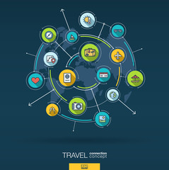 Naklejka na ściany i meble Abstract travel and tourism background. Digital connect system with integrated circles, flat icons. Network interact interface concept. Hotel booking, holiday, vacation vector infographic illustration