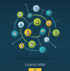 Abstract logistic and distribution background. Digital connect system with integrated circles, flat thin line icons, long shadows. Network interact interface concept. Vector infographic illustration