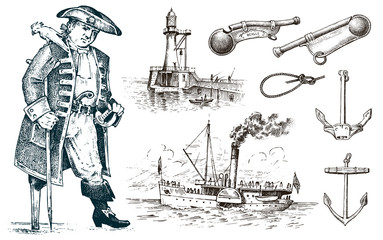 Pirate and Lighthouse and sea captain, marine sailor, nautical travel by ship. engraved hand drawn vintage style. summer adventure. Seagoing vessel and rope knots. Boat wheel and anchor.