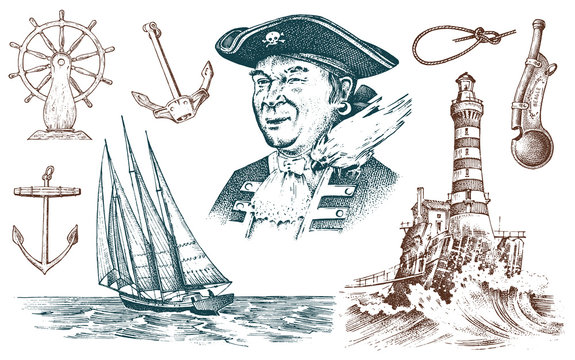 Pirate and Lighthouse and sea captain, marine sailor, nautical travel by ship. engraved hand drawn vintage style. summer adventure. Seagoing vessel and rope knots. Boat wheel and anchor.