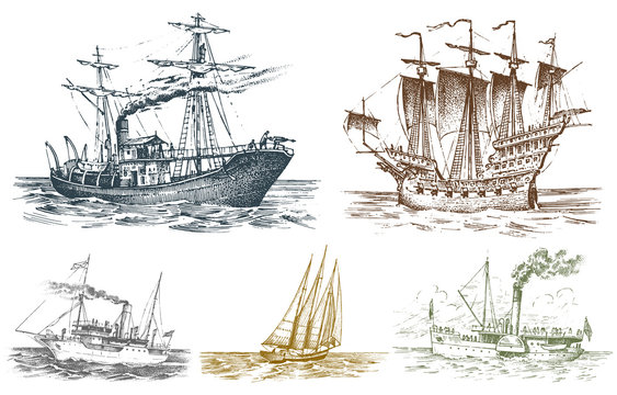 Motor ship in the sea, summer adventure, active vacation. Seagoing vessel with steam smoke from the pipe, nautical sail, marine boat. water transport in the ocean. engraved hand drawn in vintage style