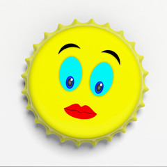 Female emoticon on a yellow beer cap isolated on white background, top view. 3d illustration