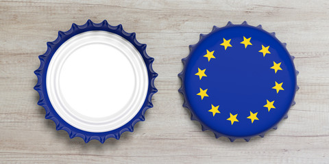 EU and beer. Front and back view of beer caps isolated on wooden background, top view. 3d illustration