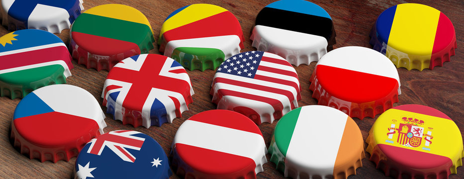 Beer caps with various countries flags on wooden background, banner. 3d illustration
