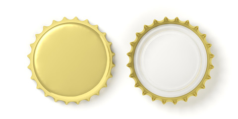 Front and back view of golden beer caps, isolated on white background, top view. 3d illustration