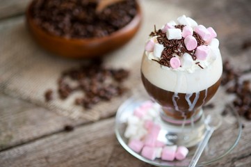  Iced coffee with ice cream, whipped cream and  marshmallows