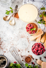 Cooking Italian food dessert Tiramisu, with all the necessary ingredients cocoa, coffee, mascarpone cheese, mint and raspberries, on grey stone background.  Copy space top view