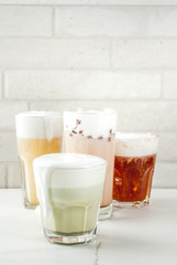 Trendy food and drinks, assortment 4 kinds of Cheese Tea with whipped cream cheese, on white background