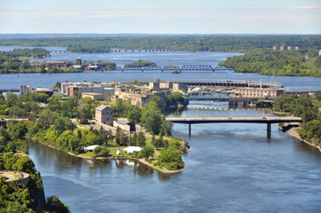 Aerial view of Victoria Island and Chaudière Island on Ottawa River viewed from Ottawa Parliament Peace Tower, Ottawa, Ontario, Canada.