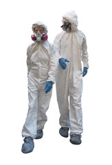 man and woman wearing hazmat suits