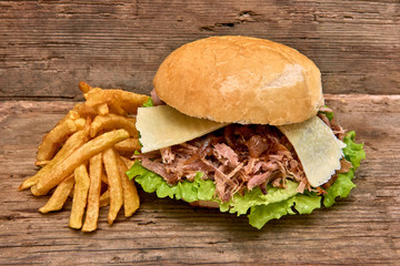 Barbeque Pulled pork Sandwich with green salad,caramelized onion,cheese,Sauce and Fries on wooden background,Fast food